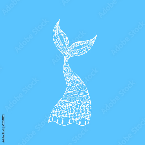 Vector hand drawn patterned mermaid and whale tail. White mermaid tail on blue background