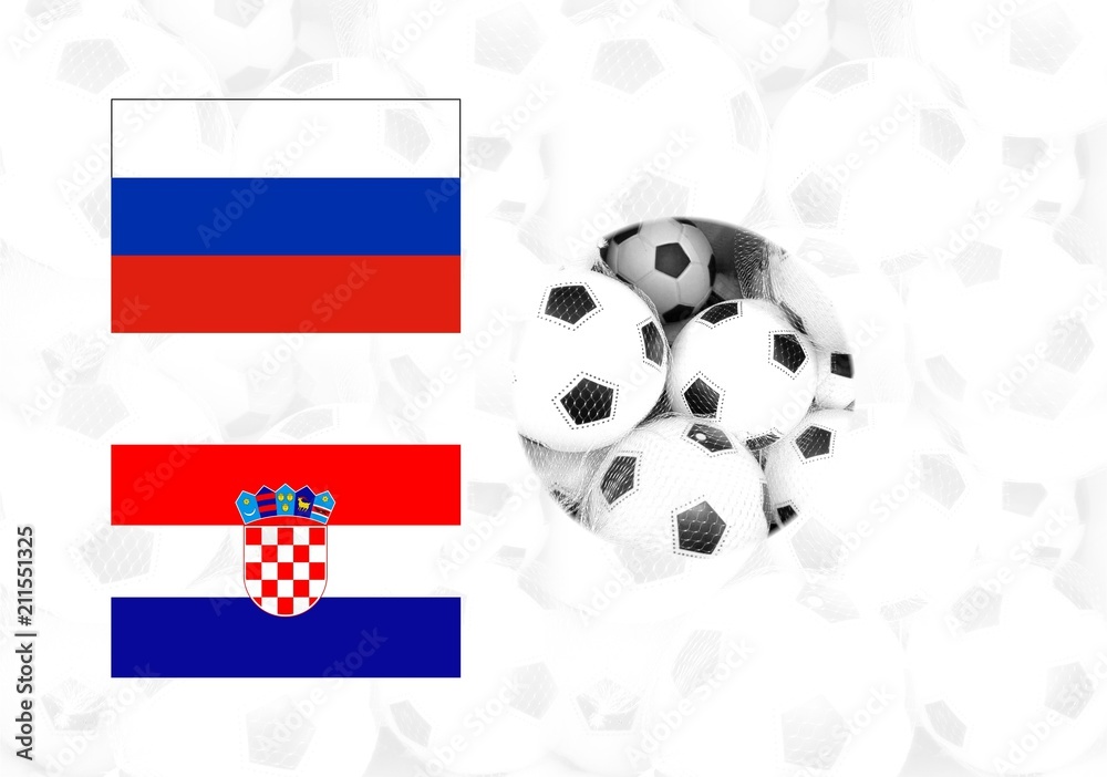 Fototapeta premium RUSSIA and CROATIA Flags on white soccer balls background