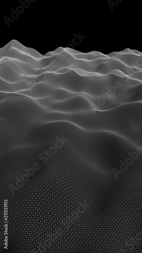 Fototapeta Naklejka Na Ścianę i Meble -  Abstract landscape on a dark background. Cyberspace grid. Hi-tech network. Vertical image orientation. 3D illustration