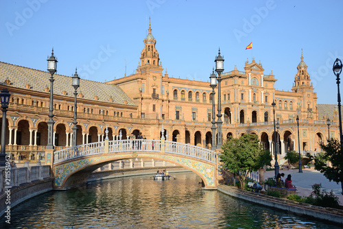 Seville, Spain - June 21, 2018: Plaza de España in Seville and its canals.