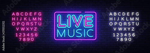 Live Music neon sign vector. Live Music design template neon sign, light banner, neon signboard, nightly bright advertising, light inscription. Vector illustration. Editing text neon sign