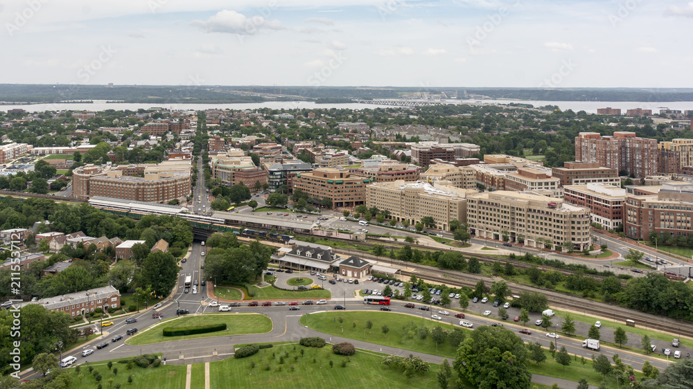 The skyline of Alexandria, Virginia, USA and surrounding areas as seen from the top of the George Washington Masonic Temple.