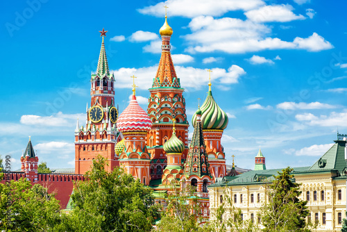 Photography St Basil's Cathedral and Moscow Kremlin on sky background, Russia