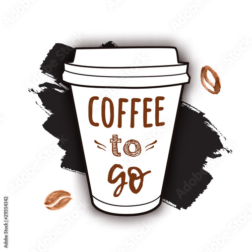 Vector illustration of a take away coffee cup with phrase "Coffee to go" with watercolor splashes and coffee beans. Vintage drawing for drink and beverage menu or cafe design.