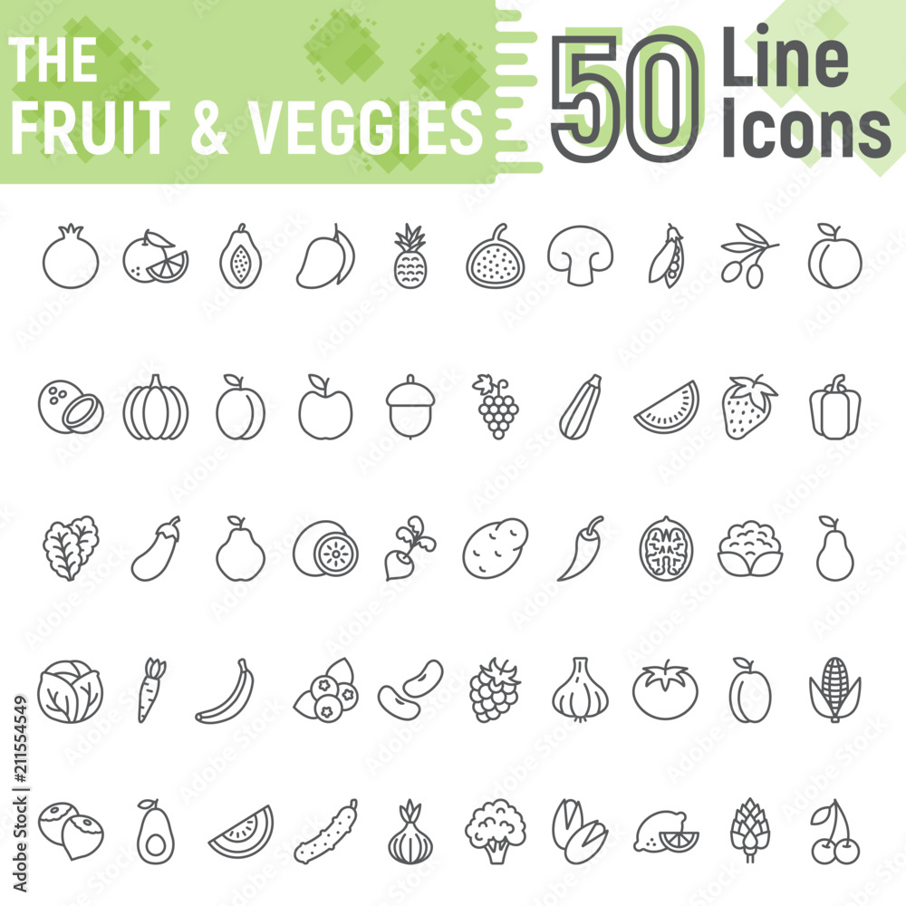 Fruit and Vegetables line icon set, vegetarian symbols collection, vector sketches, logo illustrations, healthy signs linear pictograms package isolated on white background, eps 10.
