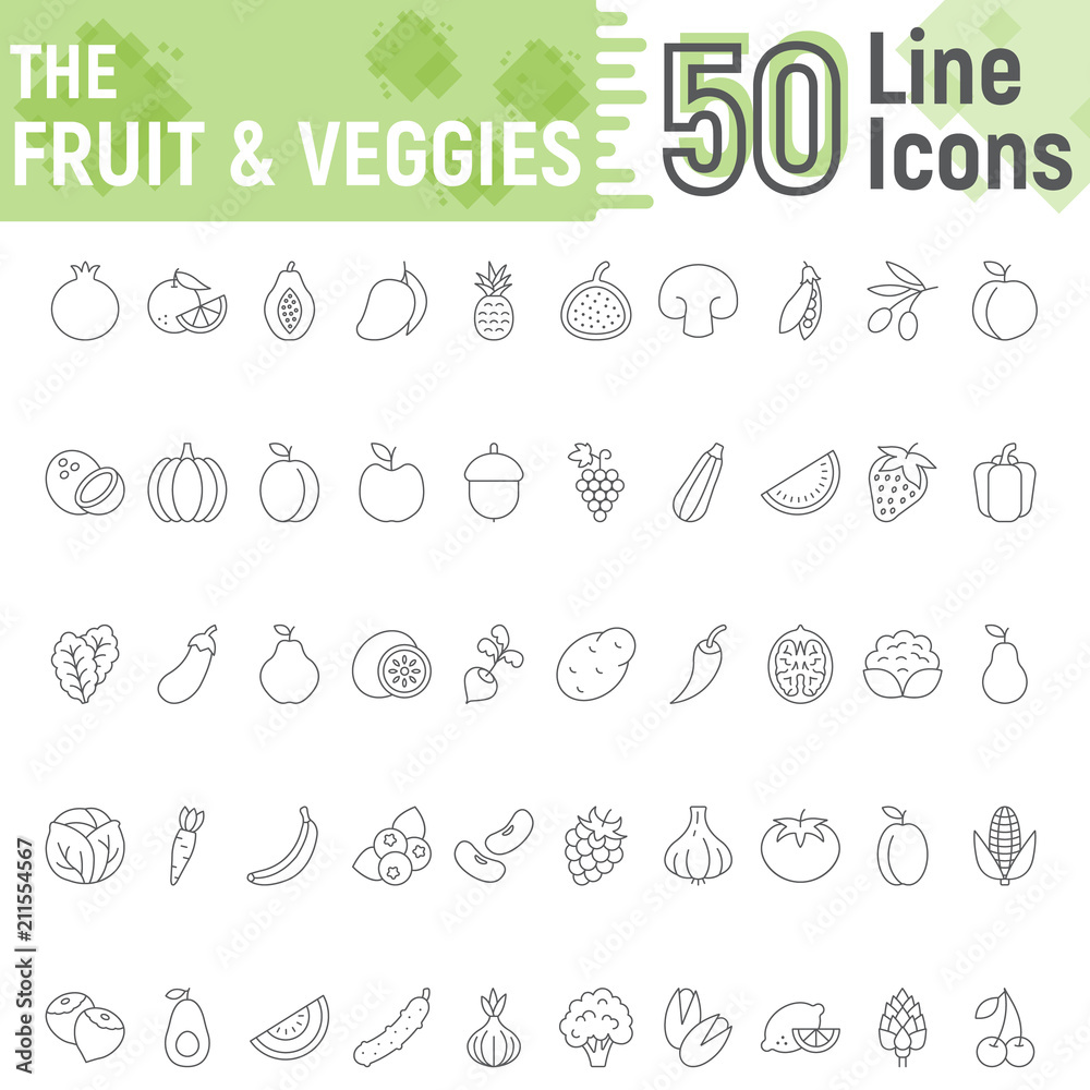 Fruit and Vegetables thin line icon set, vegetarian symbols collection, vector sketches, logo illustrations, healthy signs linear pictograms package isolated on white background, eps 10.