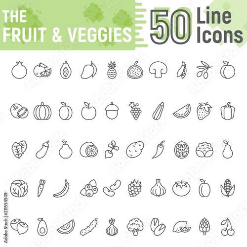Fruit and Vegetables line icon set, vegetarian symbols collection, vector sketches, logo illustrations, healthy signs linear pictograms package isolated on white background, eps 10.