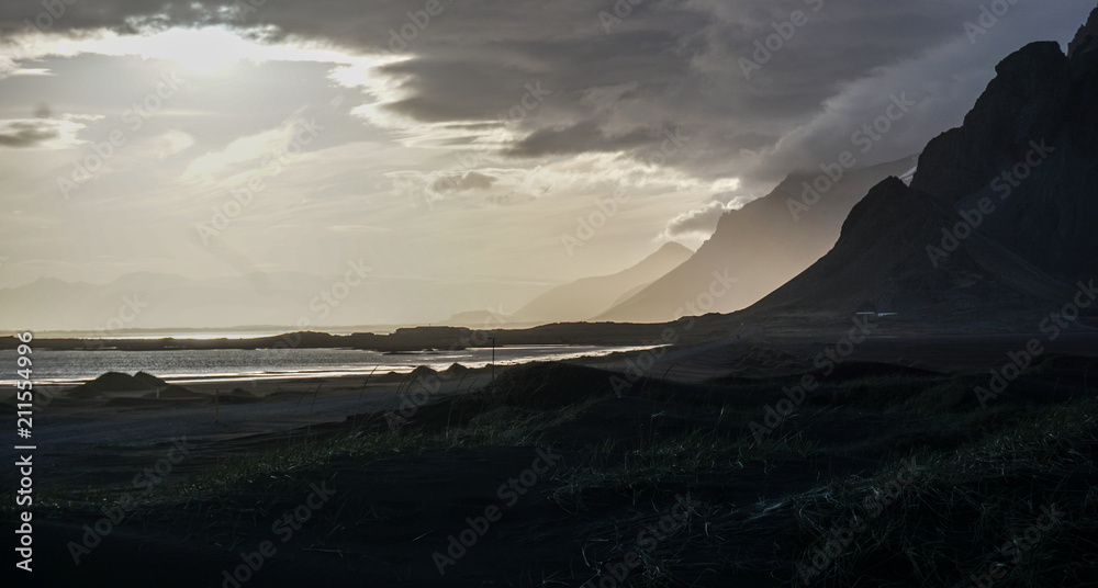 Stokksnes, Iceland. Gorgeous capу with black sand, cliffs and mountains.