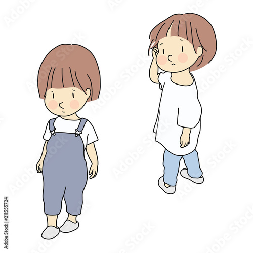 Vector illustration of child conflict. Relationship, siblings & friends rivalry, child emotion problem, sad and anxious concept. Cartoon character drawing.