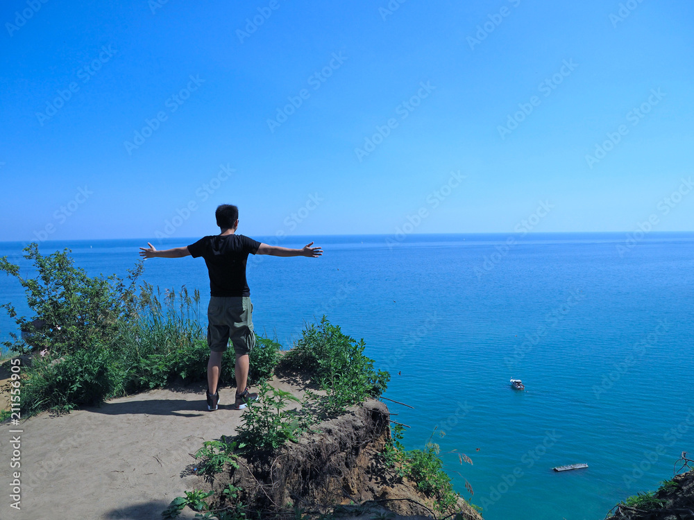 view from edge of the cliff at Scarborough Bluffs to park and lake below, Toronto view from edge of the cliff at Scarborough Bluffs to park and lake below, Toronto