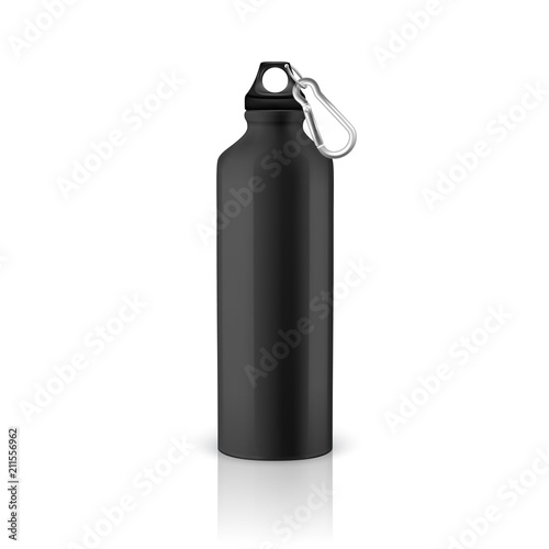 Vector realistic 3d black empty glossy metal water bottle with black bung closeup isolated on white background. Design template of packaging mockup for graphics. Front view