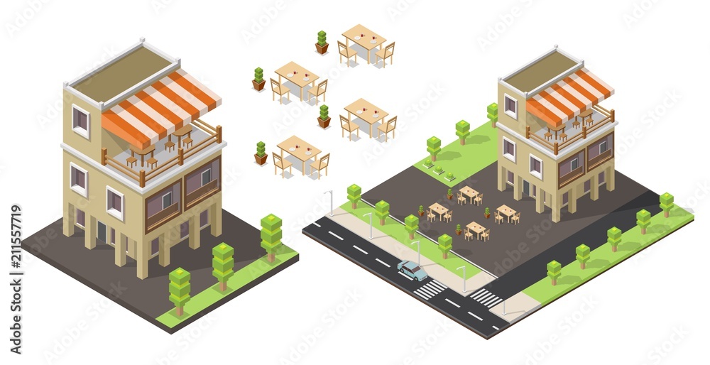 Isometric vector low poly cafe restaurant buildings shop