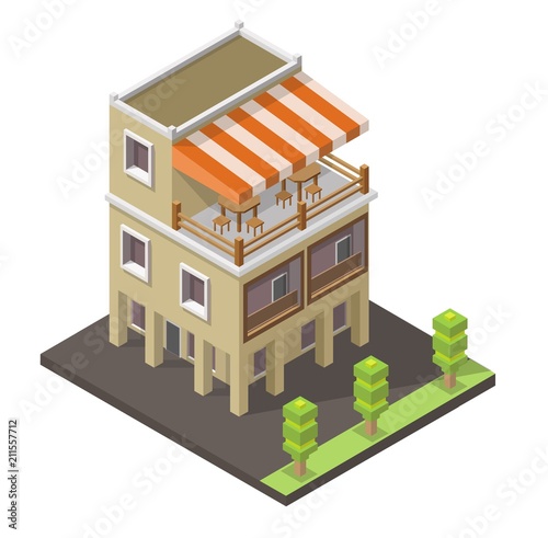Isometric vector low poly cafe restaurant buildings shop