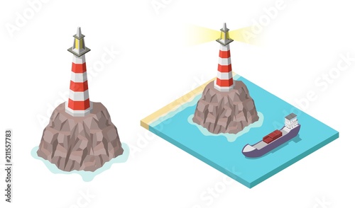 Isometric lighthouse on rock and ship vector isolated
