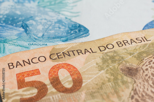 Notes of Real, Brazilian currency. Money from Brazil. Written Banco Central do Brasil