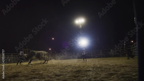A full shot of a bull and people running away from the bull.