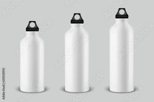 Vector realistic 3d different size - small, medium, large - empty glossy metal water bottle with black bung icon set closeup on white background. Design template of packaging mockup for graphics
