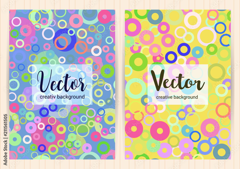 Covers with random, chaotic, scattered circles. Colorful geometric vector backgrounds.