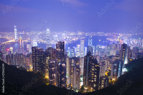 Hong Kong business city skyline at night.