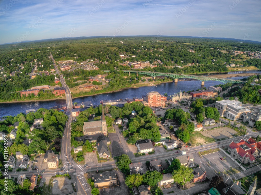 Augusta is the Capitol of Maine. Aerial View taken from Drone in Summer