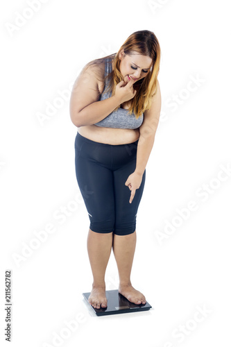 Wallpaper Mural Overweight woman scared with weighing scale Torontodigital.ca