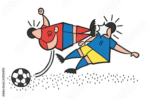 Vector cartoon aggressive soccer player man flying kick to other soccer player's face