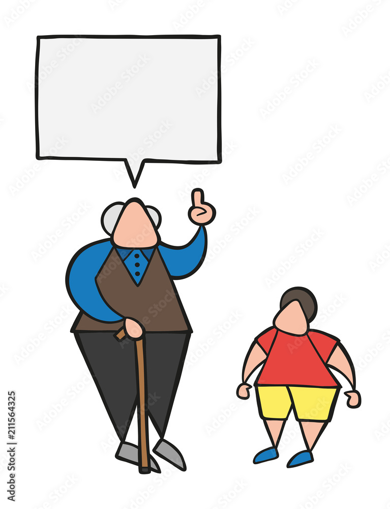 Vector cartoon old man with walking stick, talking to his grandson and advising Vector cartoon old man with walking stick, talking to his grandson and advising