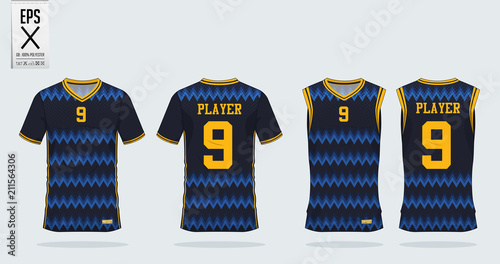 Blue jersey with horizontal zigzag pattern sport shirt design template for soccer jersey, football kit and tank top for basketball jersey. Sport uniform in front and back view. T shirt sport mock up.