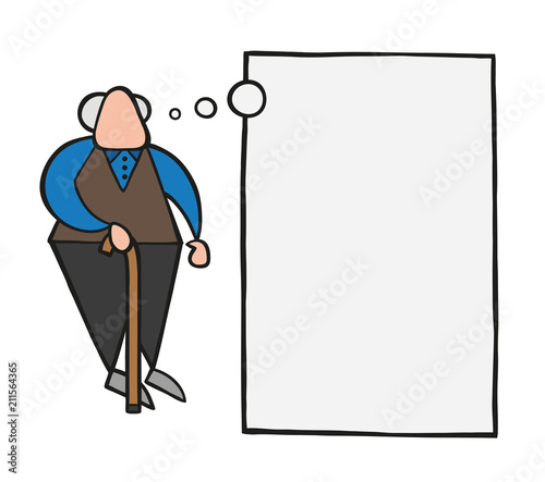 Vector cartoon old man standing with wooden walking stick and dreaming or thinking with blank thought bubble