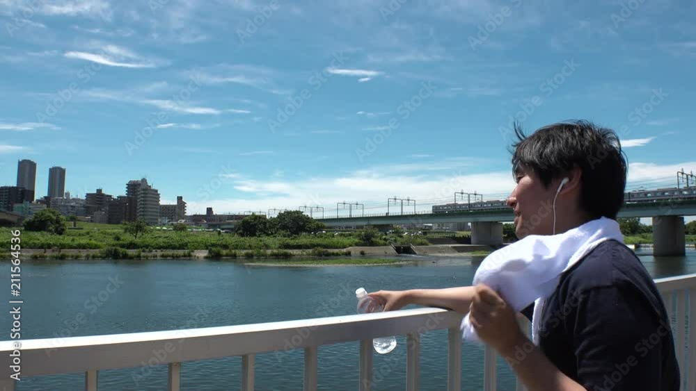 Young JAPANESE RUNNER MAN drinking water and taking a short break from running at the riverside of Tama river in Tokyo. Young JAPANESE RUNNER MAN drinking water and taking a short break from running at the riverside of Tama river in Tokyo.