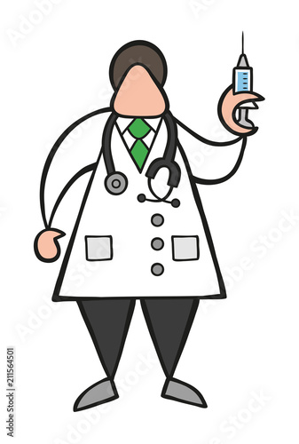 Vector cartoon doctor man with stethoscope and standing, holding syringe ready for injection