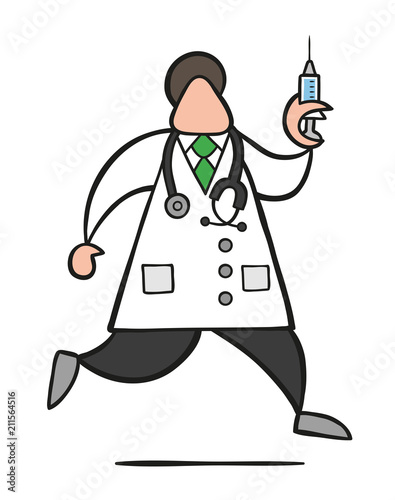 Vector cartoon doctor man with stethoscope and running, holding syringe ready for injection