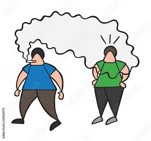 Vector cartoon man walking and bothering other man with smoke of cigarette