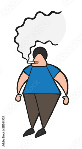 Vector cartoon man standing and smoking cigarette