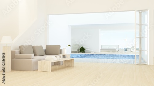 Interior relax space connect swimming pool and 3d rendering - nature view background 