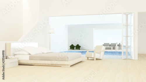The interior minimal hotel bedroom space swimming pool 3d rendering and nature view background 