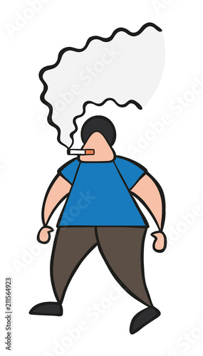 Vector cartoon man walking and smoking cigarette