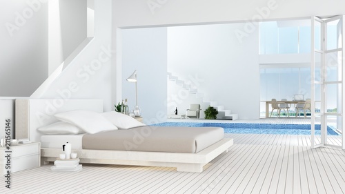 The interior minimal hotel bedroom space swimming pool 3d rendering and nature view background 