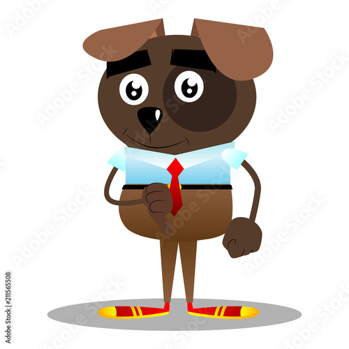 Cartoon illustrated business dog showing dislike hand sign.