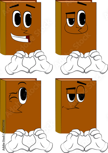 Books with heart shape hand gesture. Cartoon book collection with happy faces. Expressions vector set.