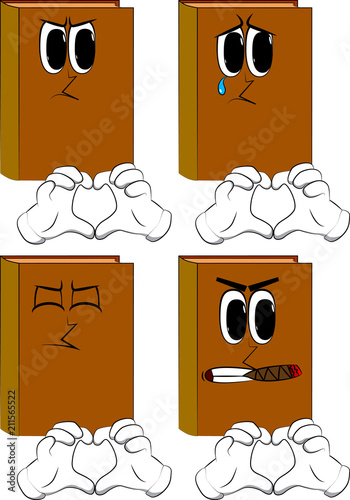 Books with heart shape hand gesture. Cartoon book collection with angry and sad faces. Expressions vector set.