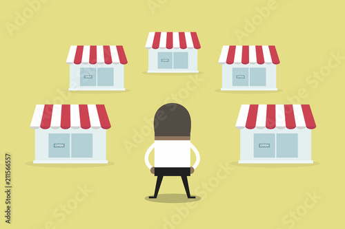 African businessman with shop franchise concept. business concept. flat design