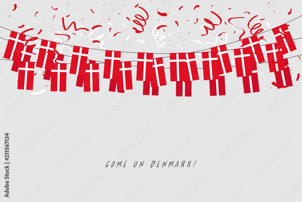 Obraz premium Denmark garland flag with confetti on gray background, Hang bunting for Denmark celebration template banner. vector