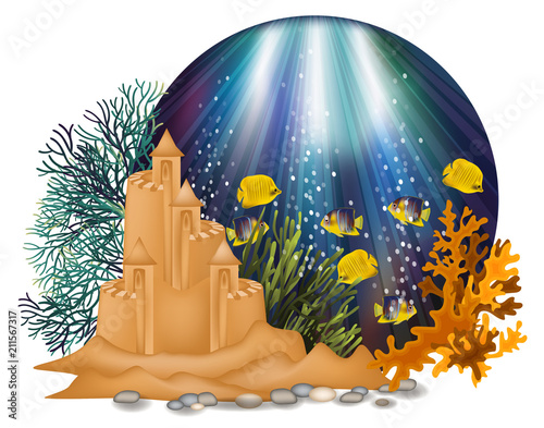 Underwater card with sand castle, vector illustration