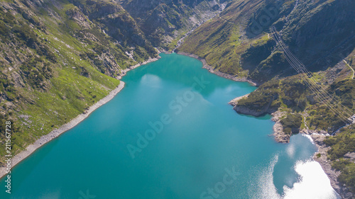 Drone aerial view of the Lake Barbellino an alpine artificial lake. Italian Alps. Italy
