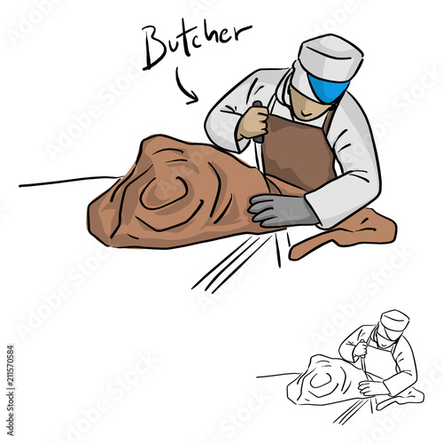 male butcher chopping meat vector illustration sketch doodle hand drawn with black lines isolated on white background
