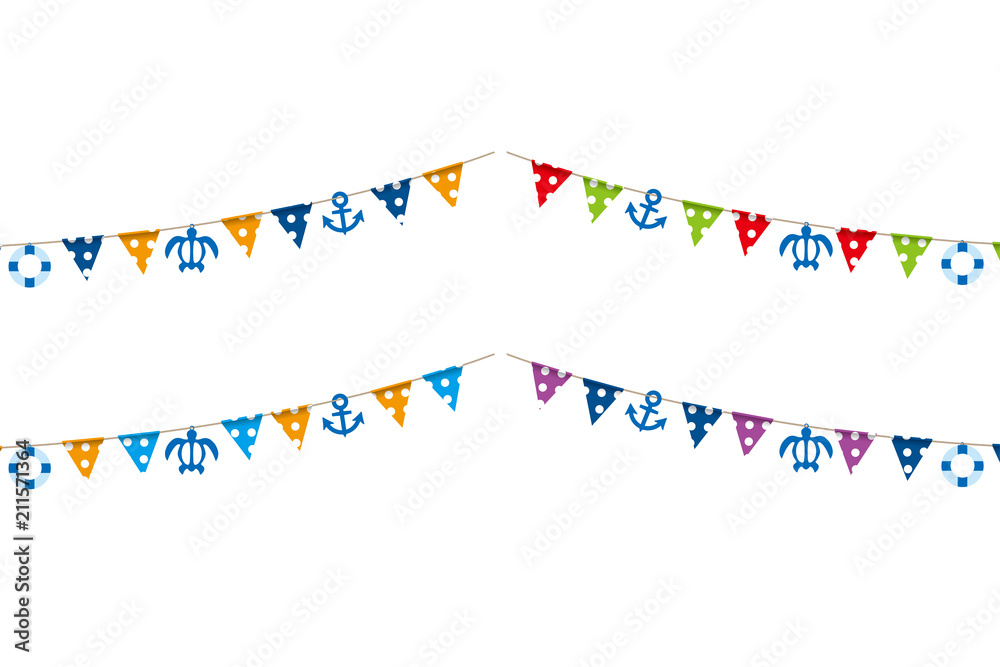 イラスト素材 白背景 夏のイメージの三角旗 パーティーフラッグ 夏のアイコン 亀 錨 浮き輪 横位置 Stock Vector Adobe Stock
