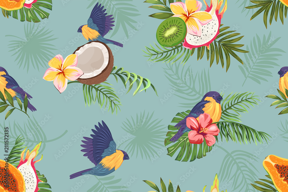 seamless pattern with exotic fruits and flowers, palm leaves and birds seamless pattern with exotic fruits and flowers, palm leaves and birds