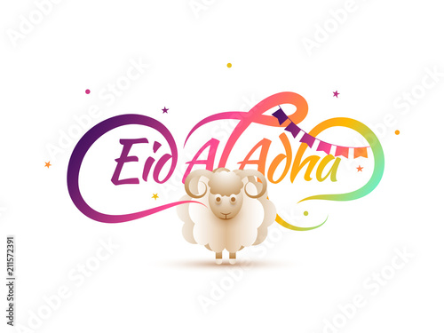 Islamic festival of sacrifice, Eid-Al-Adha greeting card design with golden mosque, sheep and hanging stars.