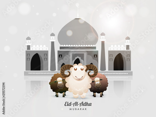 Islamic festival of sacrifice, Eid-Al-Adha greeting card design with golden mosque, sheep and hanging stars.